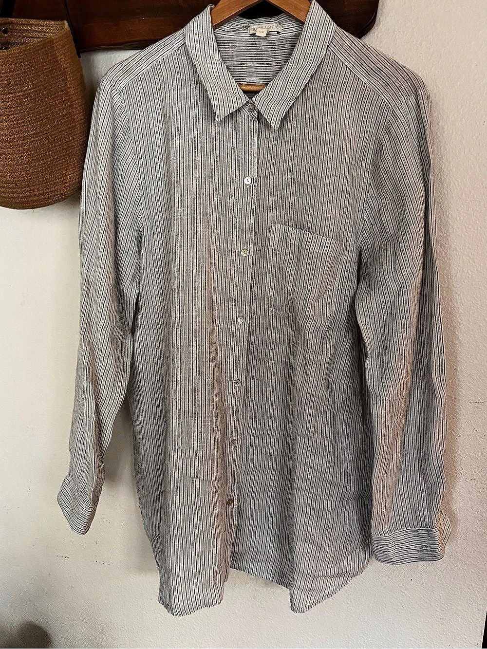 Eileen Fisher 100% Linen Striped Longline Button Front Shirt Tunic L